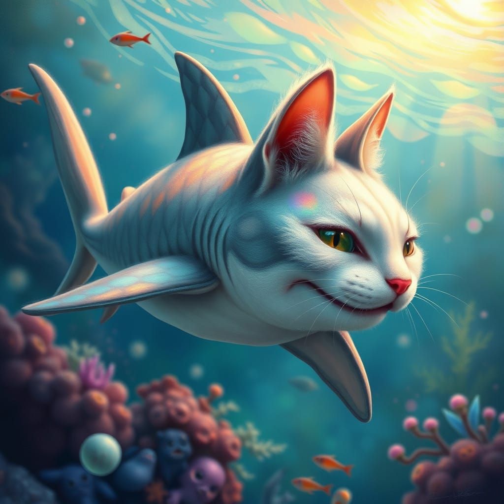 Surreal Shark-Cat in Dreamlike Ocean