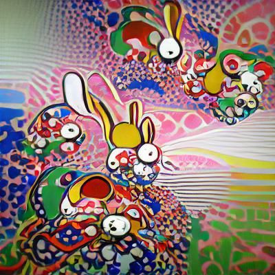 Colorful Bunnies in Takashi Murakami Superflat Style