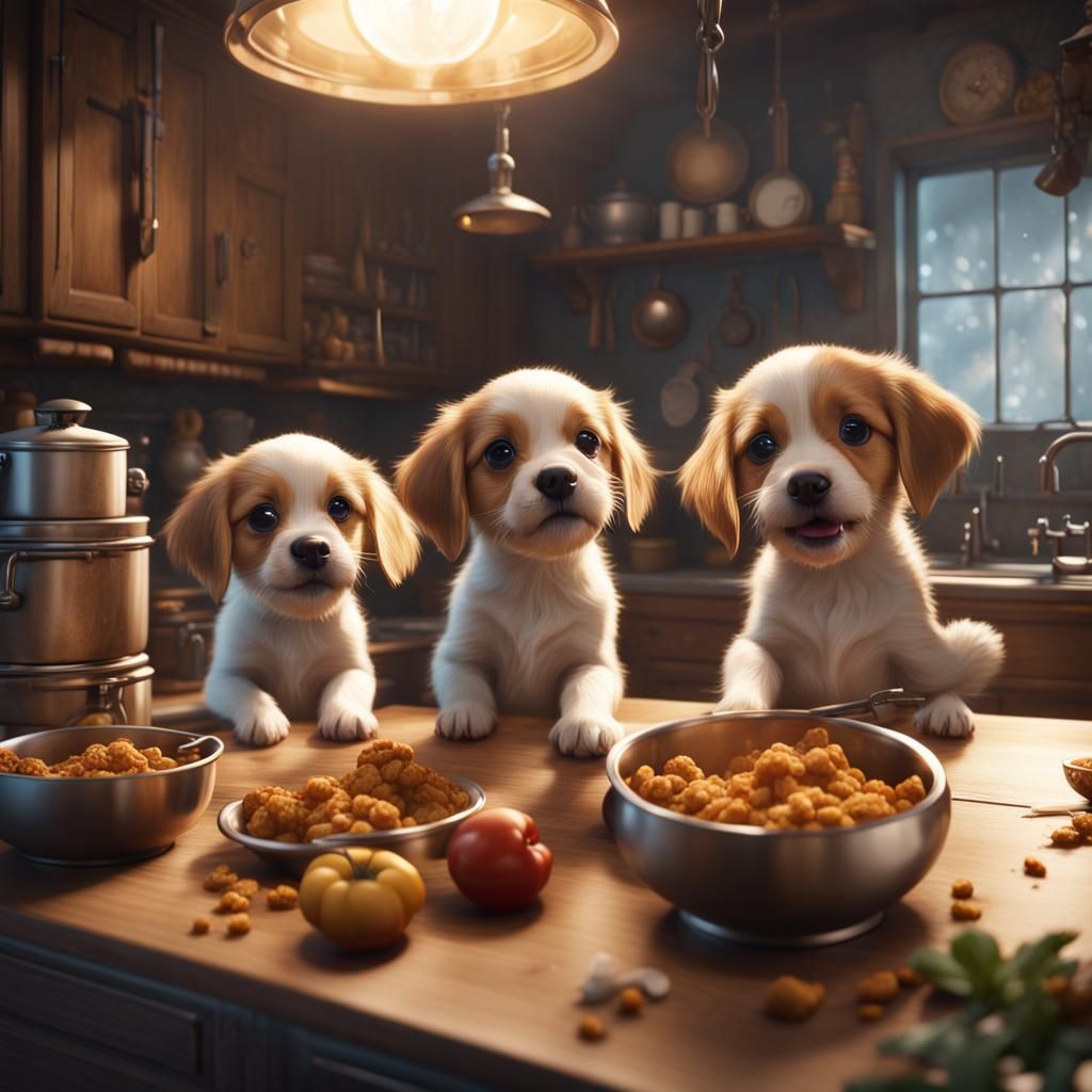 Puppies Stealing Food in Fantastical Kitchen Art
