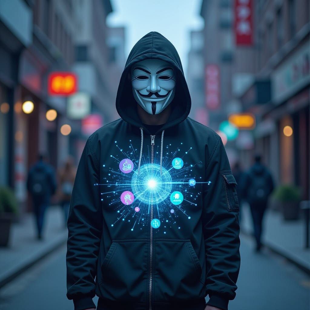 Holographic Anonymous Mask in Double Exposure Style