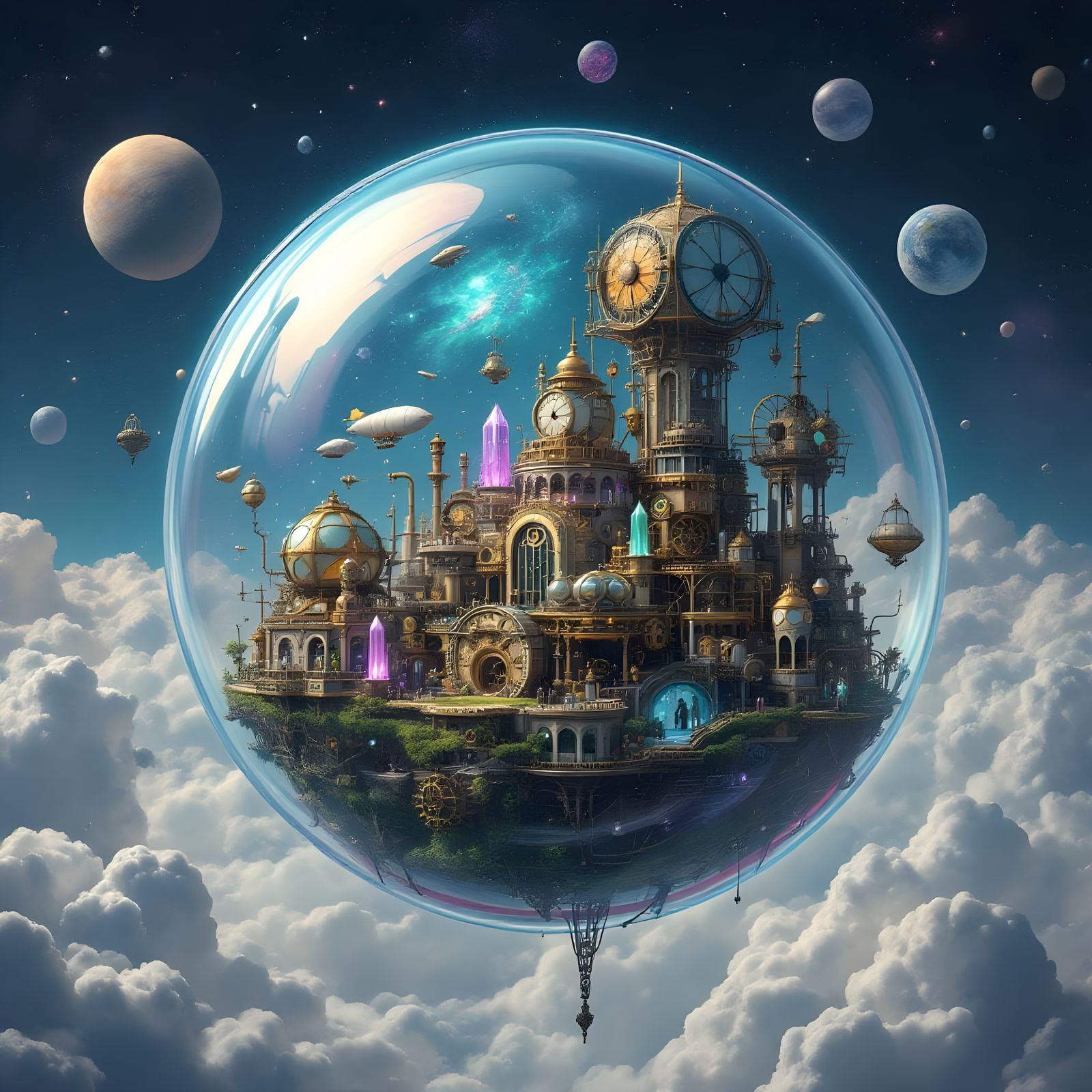 A Steampunk City Inside A Soap Bubble Floating Above The Clo...