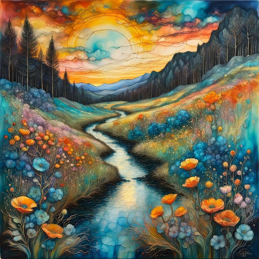 Vibrant Spring Landscape in Encaustic Mixed Media