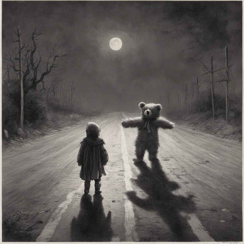 Ghostly Toddler Drags Bloody Teddy Bear: Horror Art