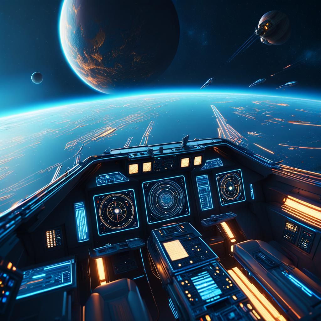 Spaceship Orbiting Planet in Sci-Fi Digital Painting