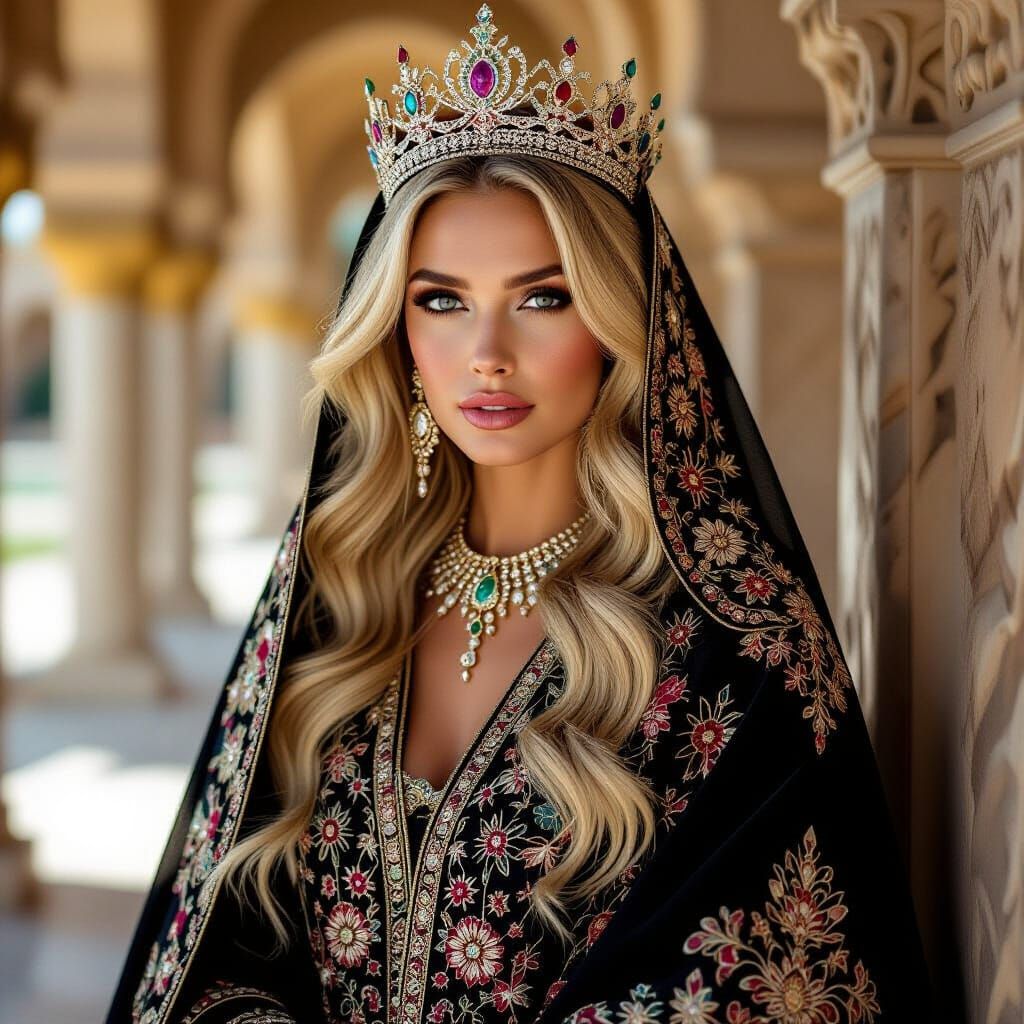 Modern Royal Elegance: Woman in Crown and Abaya
