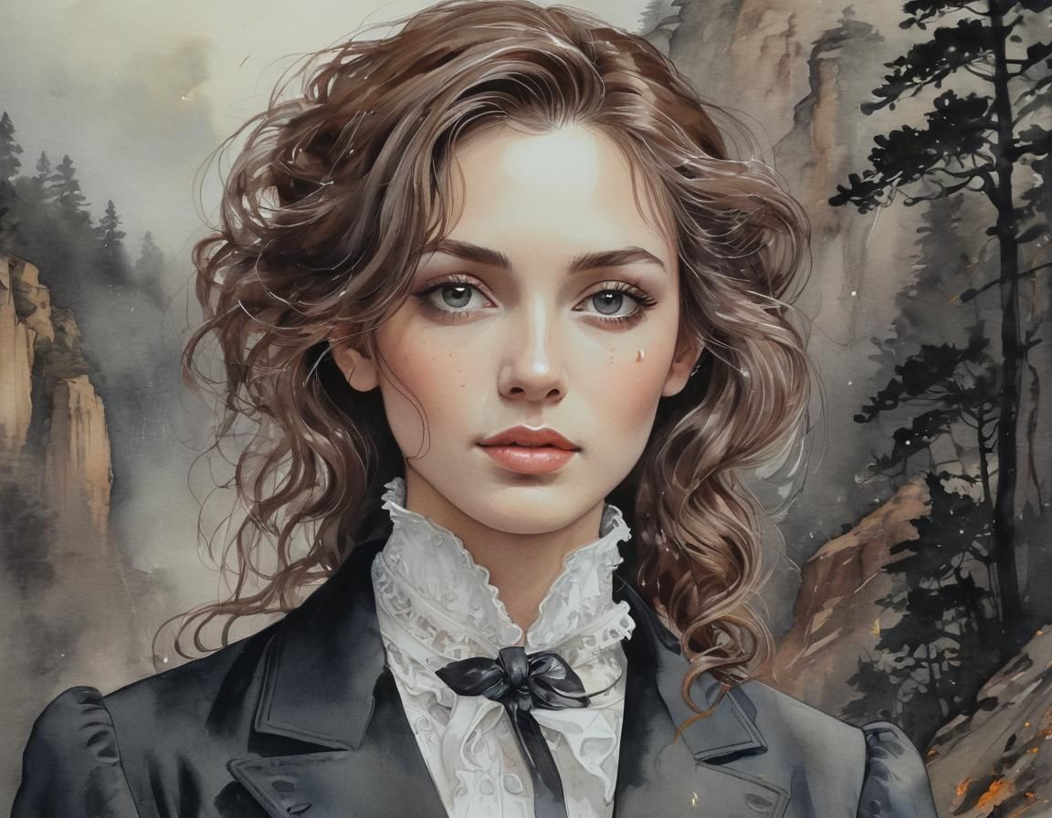 Victorian Woman in Bioluminescent Forest Watercolor