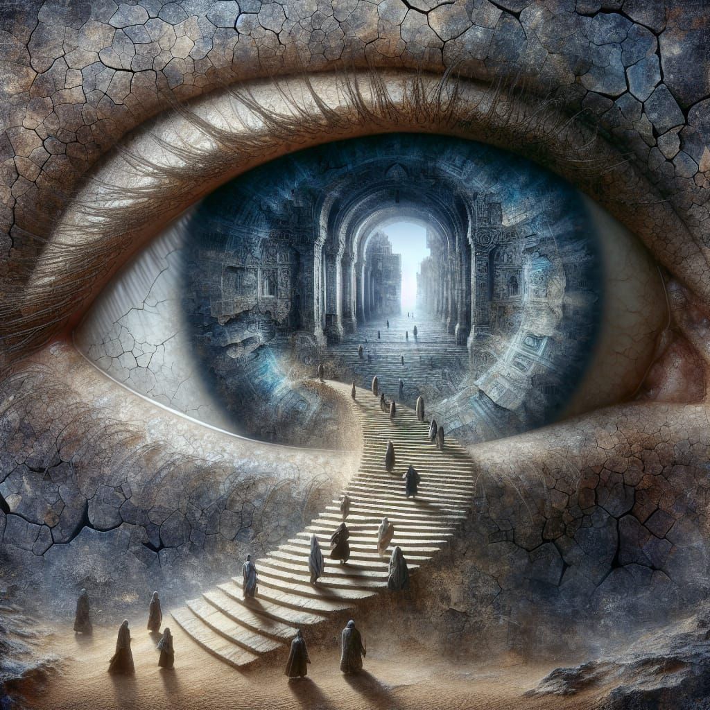 Monumental Eye with Ancient Ruins and Pilgrims