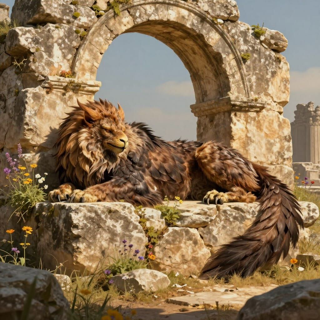 Majestic Griffin Rests on Ancient Ruins in Golden Hour Light