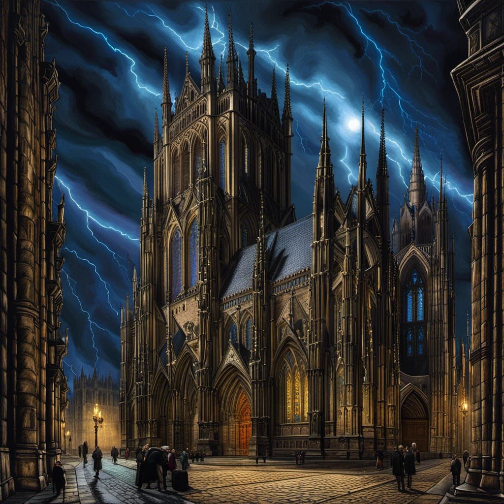 Gothic Cathedral Illustration with Lightning