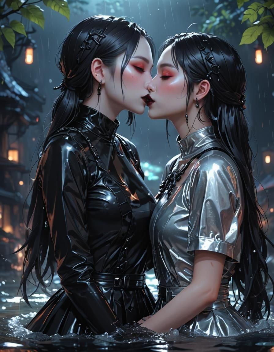 Romantic Kiss: Lesbian Goth Girls in Anime Art