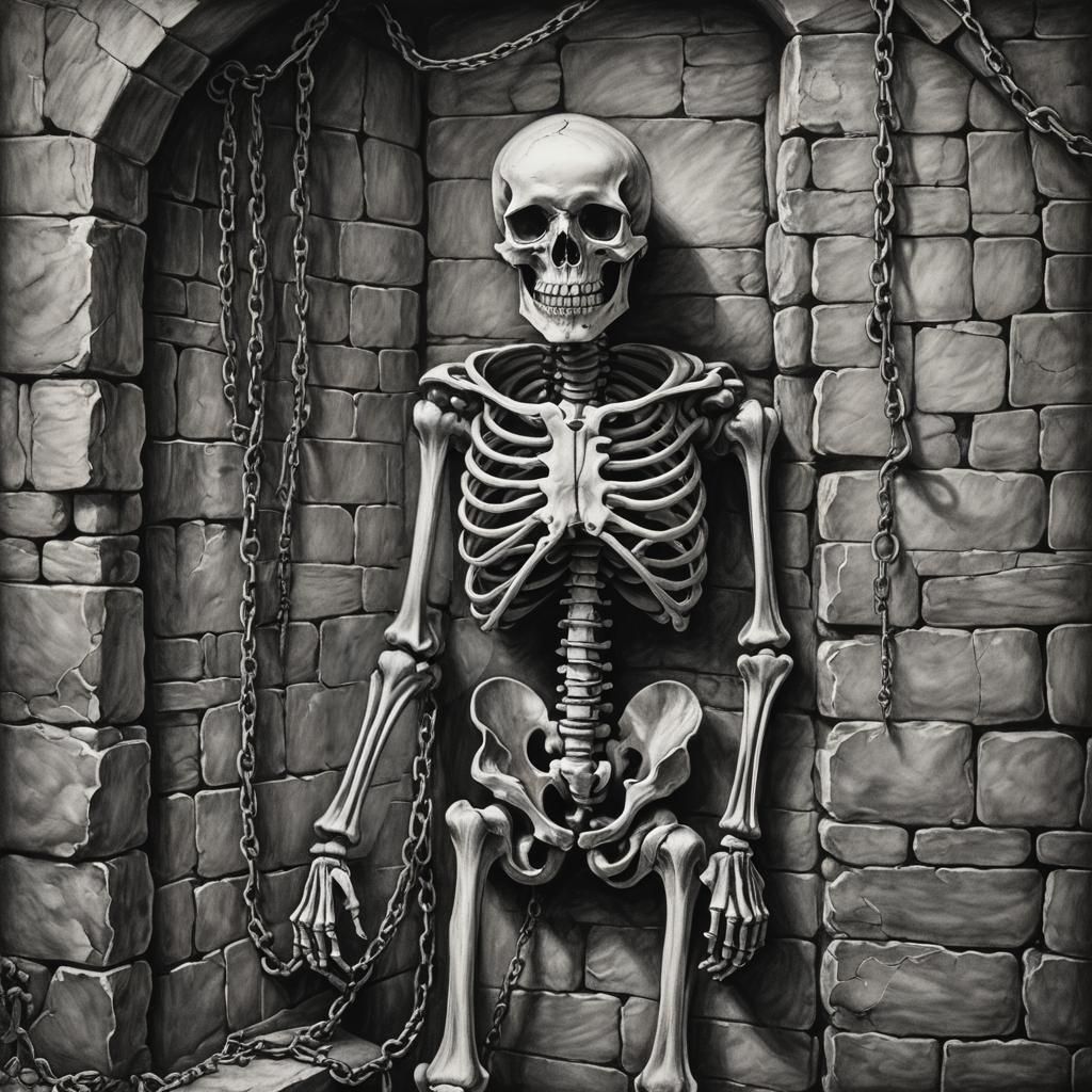 Hyperdetailed Charcoal Skeleton Chained in Dungeon