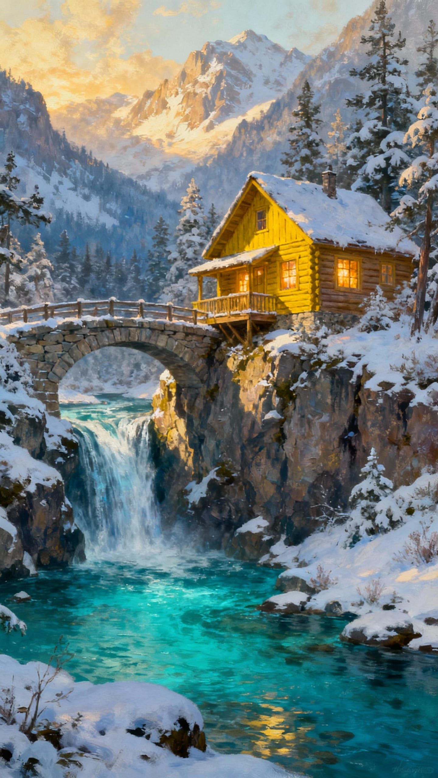 Cozy Cabin on Snowy Cliffside with Waterfall