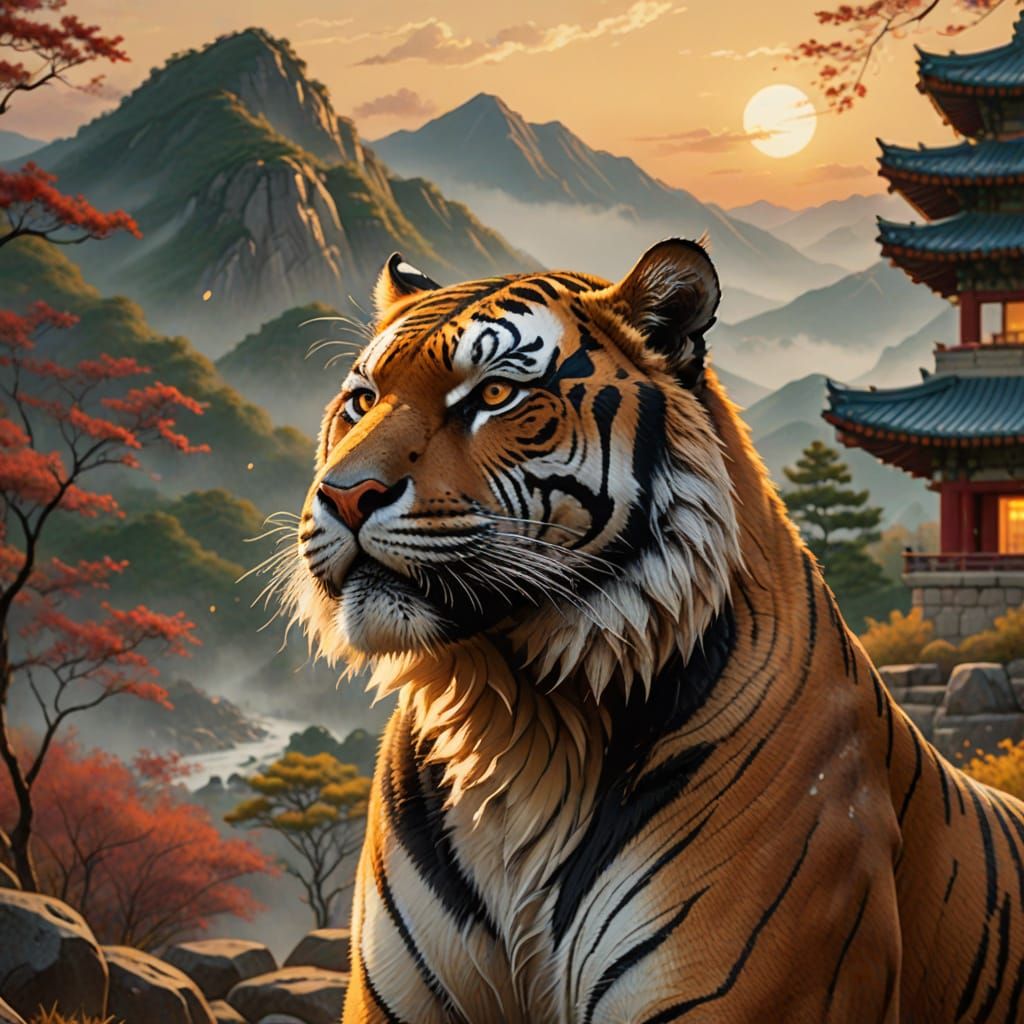 Korean Tiger in Misty Mountains: Traditional Art Style