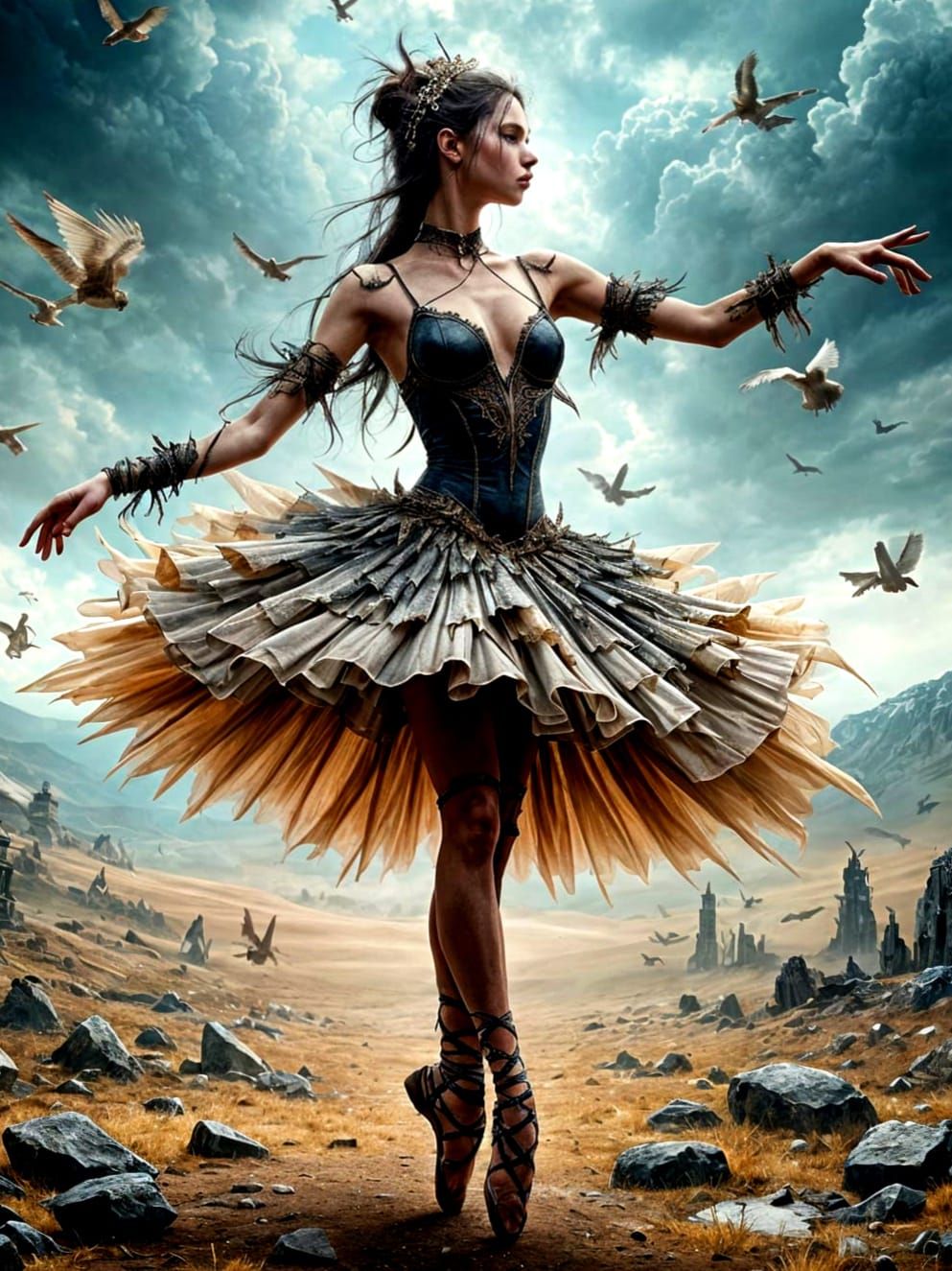 Ballerina in Dark Fantasy Landscape