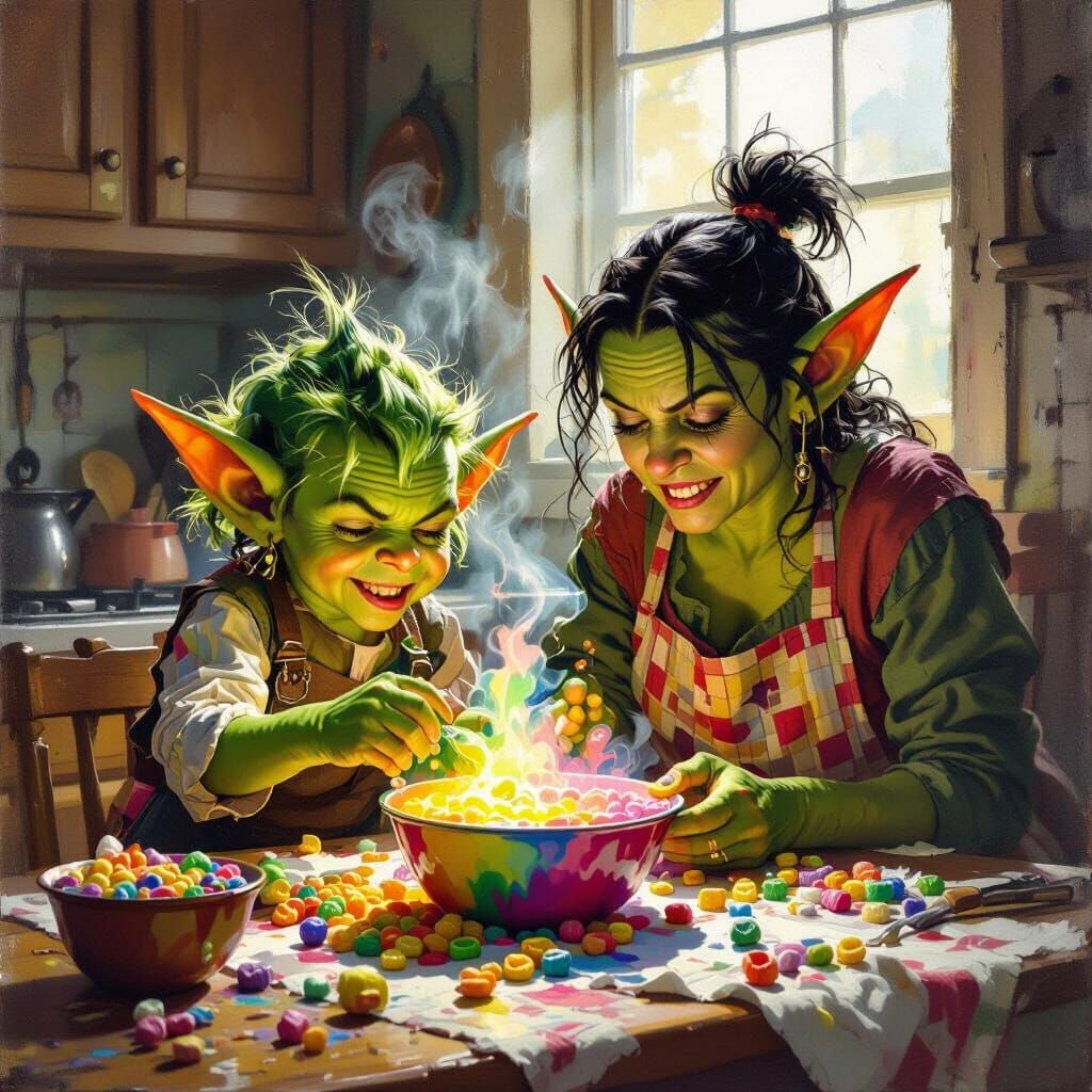 Goblin Child Makes Cereal Potion in Hyperrealistic Oil Paint...