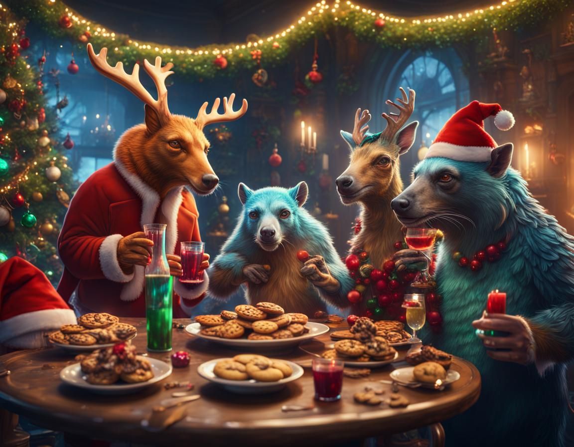 Animals Christmas Party in Detailed Matte Painting