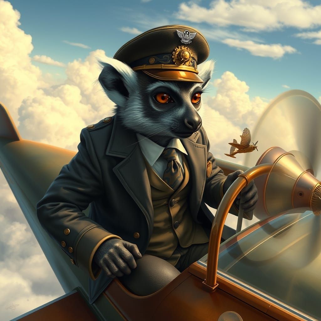 Lemur Captain Flies Steampunk Airplane