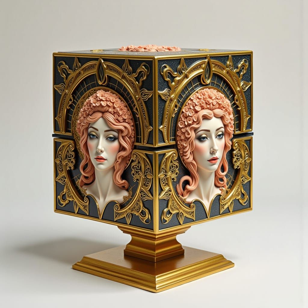 Luxurious Cubic Art Object with Art Nouveau Motifs