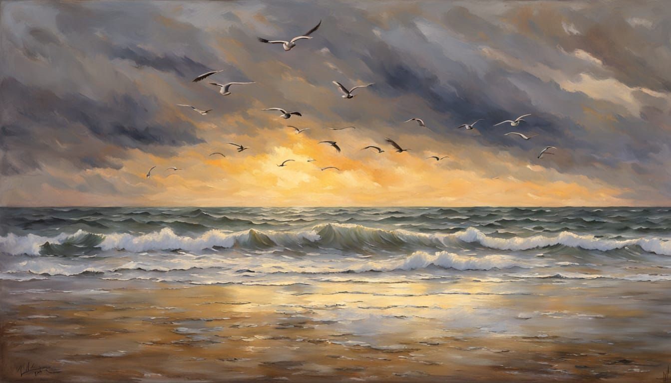 Gloomy Autumn Seashore Evening Impressionist Painting