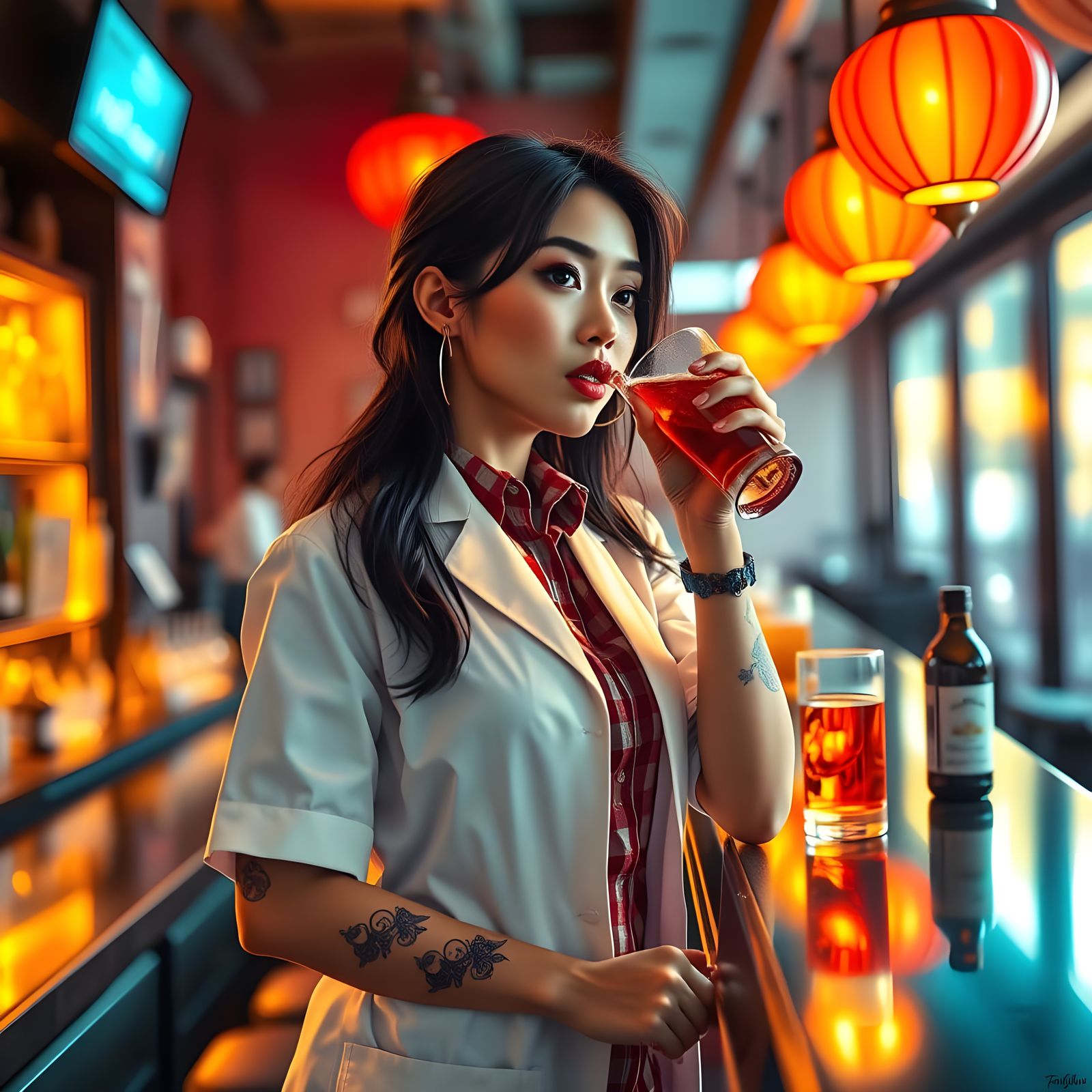 Tattooed Dentist Drinks at Bar in Cyber Fairycore Style