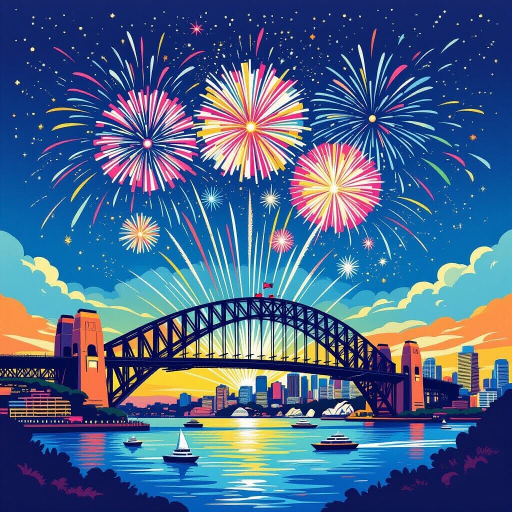 Fireworks Over Sydney Harbor Bridge in Travel Poster Style