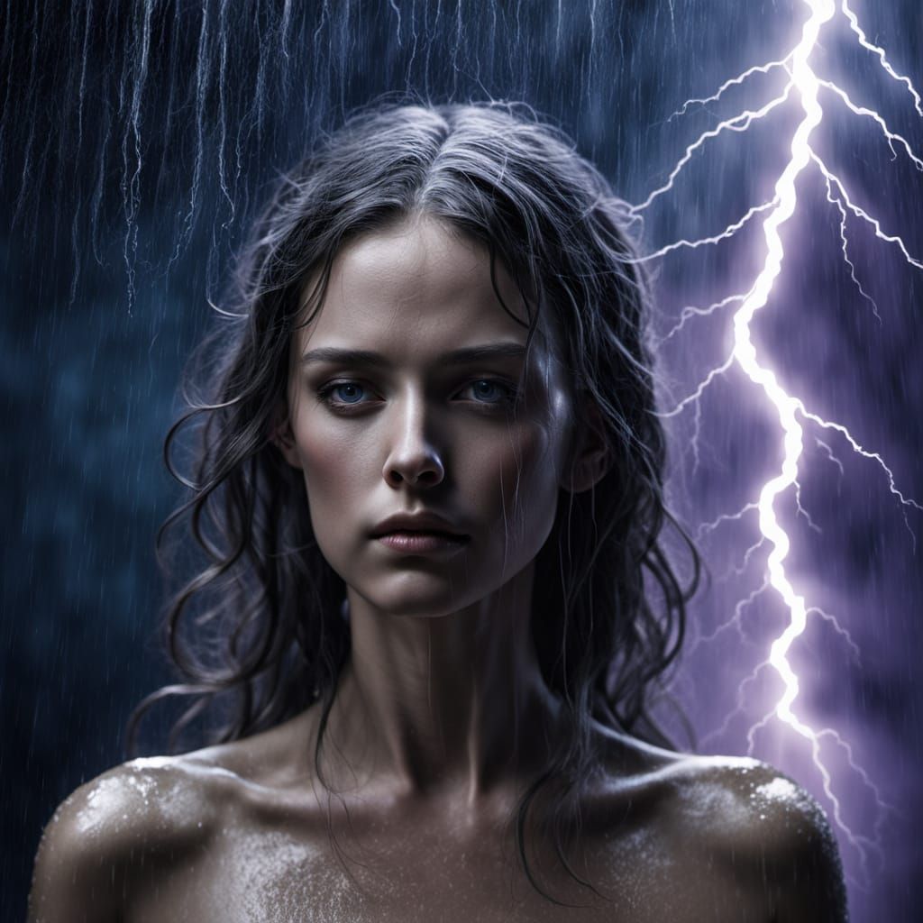 Surreal Figure in Upward Rain and Lightning