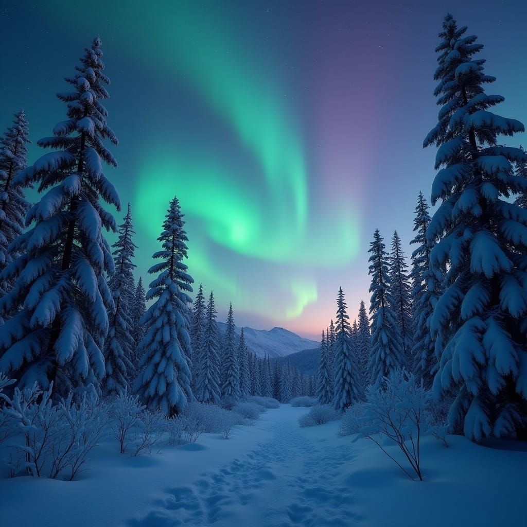 Ethereal Winter Night Sky in a Snowy Conifer Forest