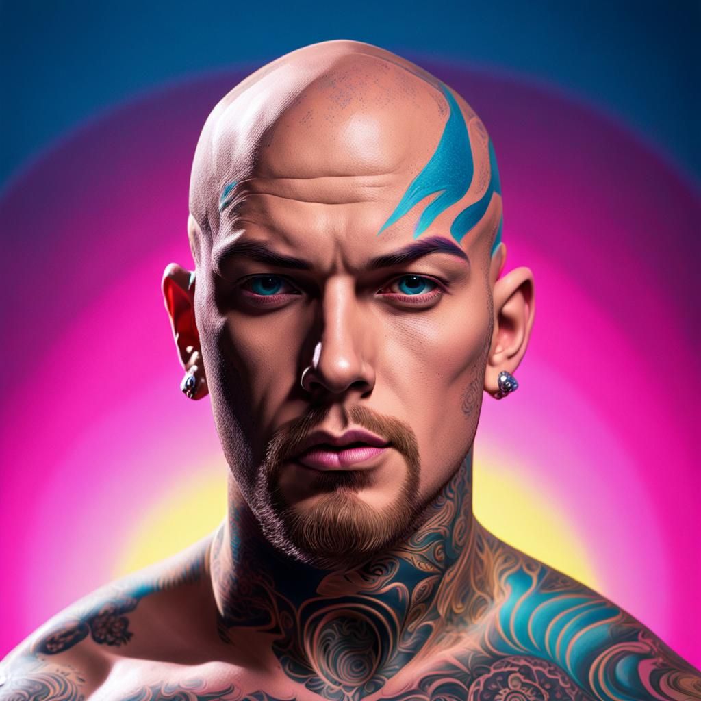 Intense Tattooed Man in Hyperrealistic Comic Art