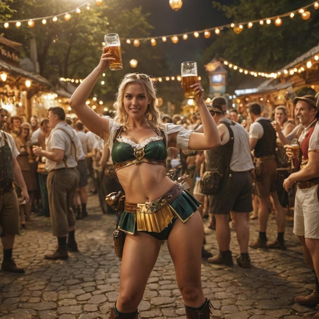 Oktoberfest: Bikini Superhero Serving Beer in Cinematic Styl...