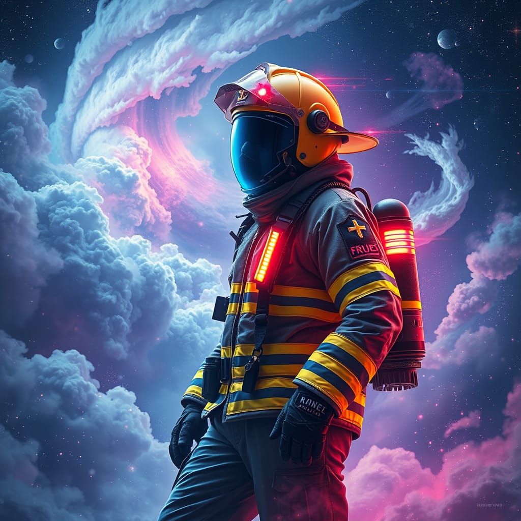 Futuristic Firefighter in Cosmic Holographic Illustration