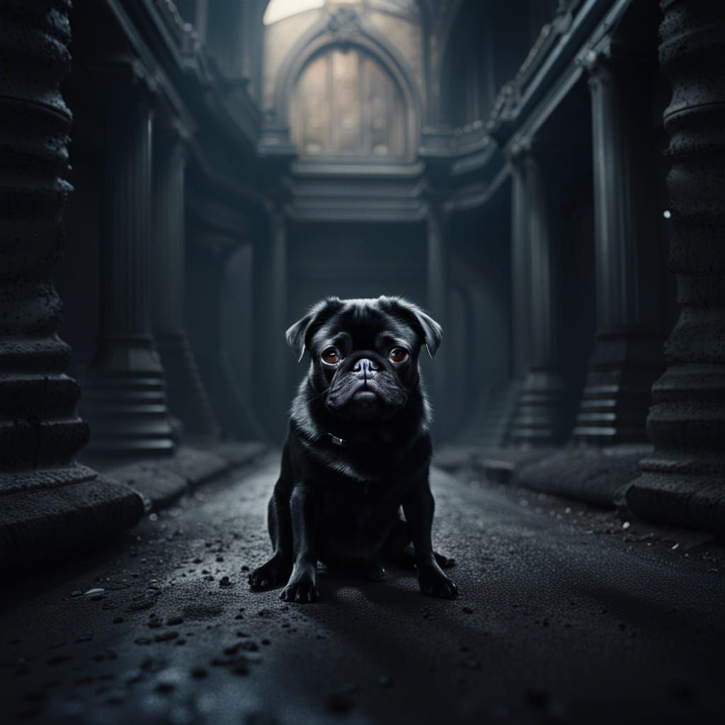 Dramatic Black Pug Portrait in Digital Painting Style