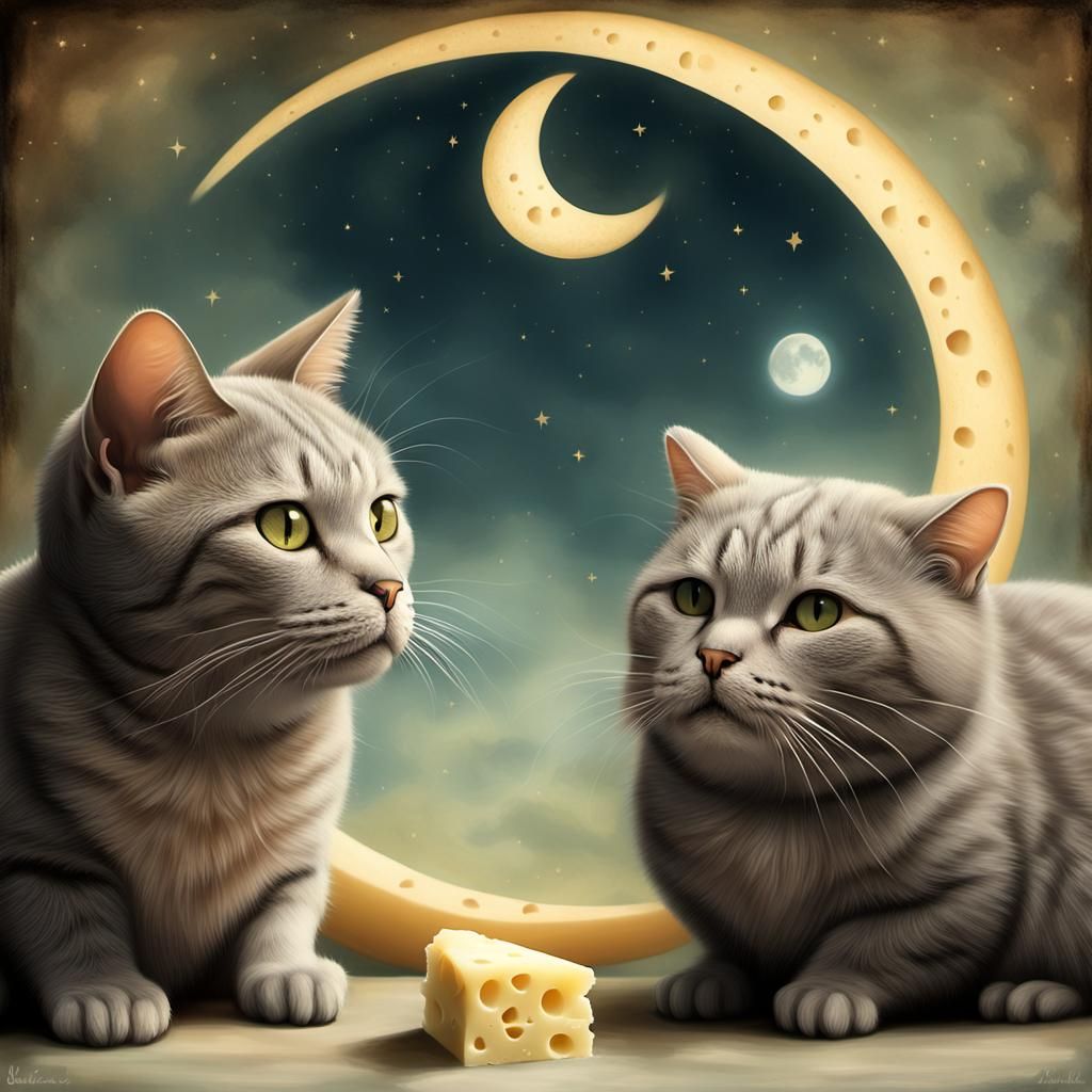 Cat and Mouse on Cheese Moon, Surreal Art
