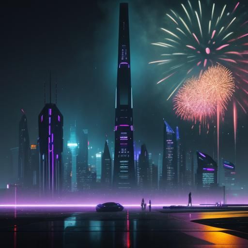 Futuristic Cityscape New Year's Eve 2025 in Cyberpunk Style