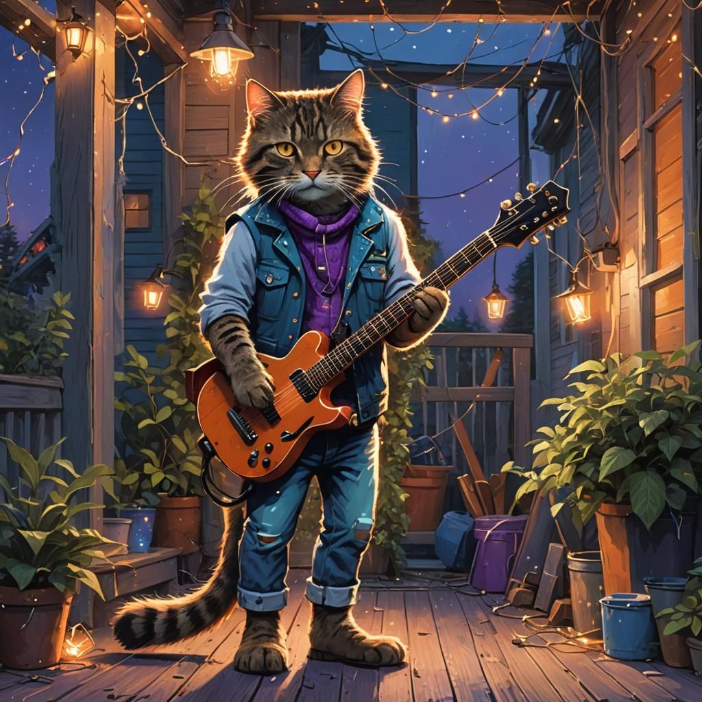 Rock and Roll Cat Concert on a Mystical Porch