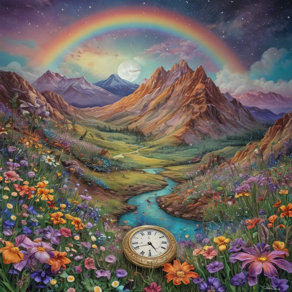 Surreal Dreamscape with Clock Mountain in Sci-Fi Colors
