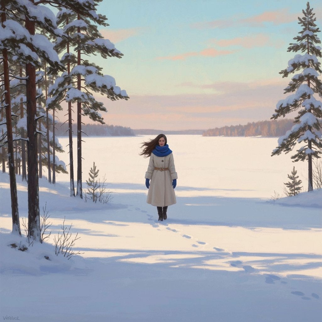 Woman on Frozen Lake in Russian Landscape Style