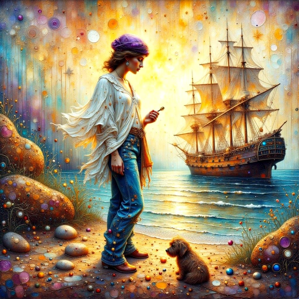 Painter with Dog on Dock in Watercolor Style