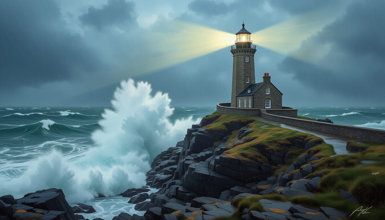 Lighthouse on Stormy Cliff: A Vivid Seascape
