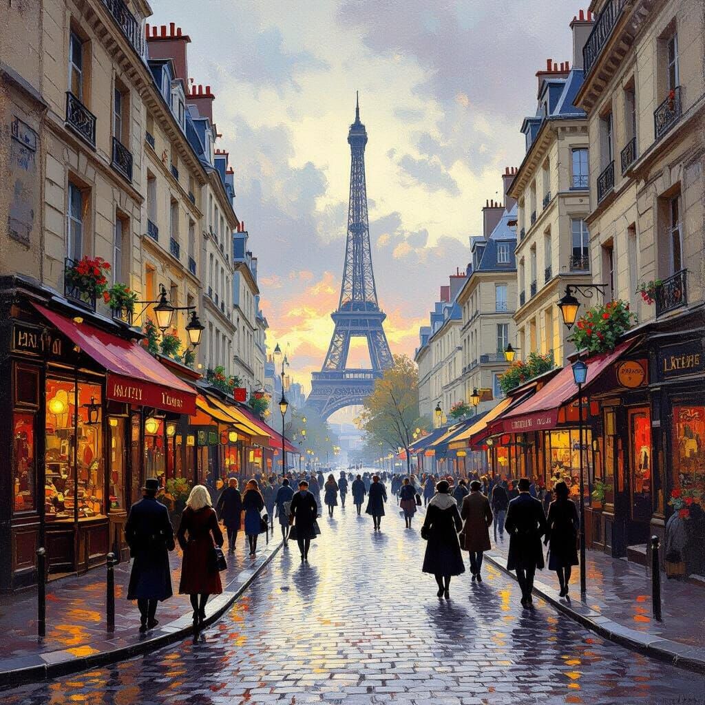 Bustling Parisian Street Scene in 1900 Oil Painting