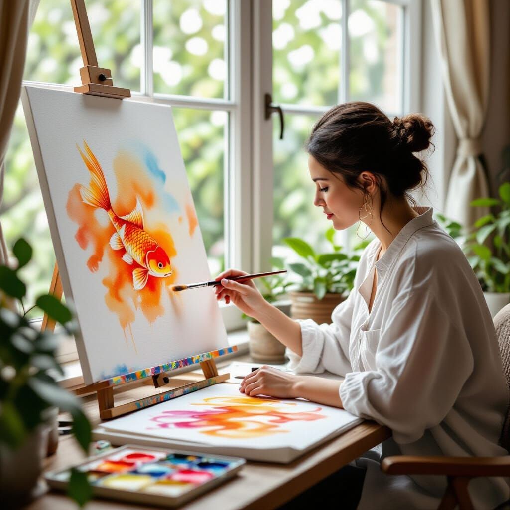 Artist Paints a Koi Fish on Watercolor Paper