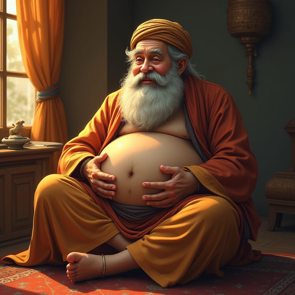 Bearded Man Cradling Belly in Traditional Muslim Attire