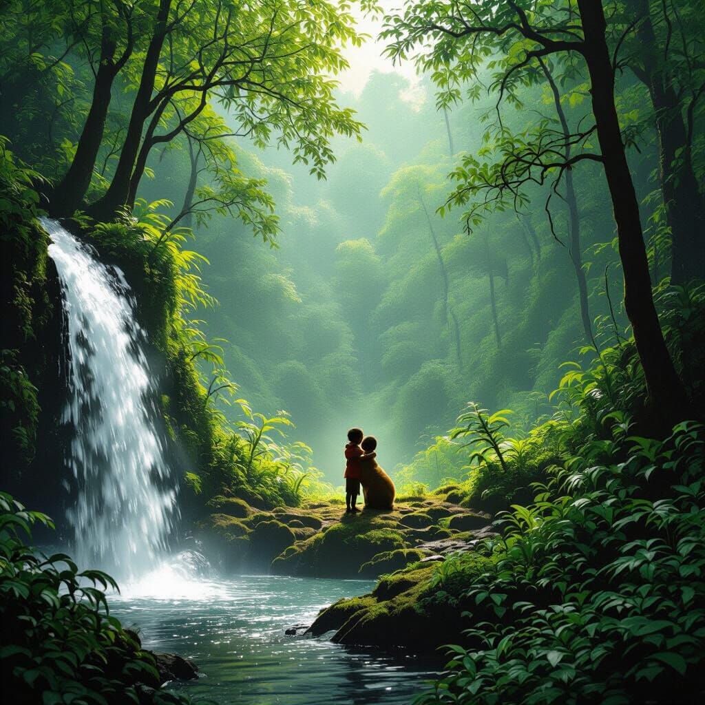 Lush Forest Scene with Child and Animal Silhouette