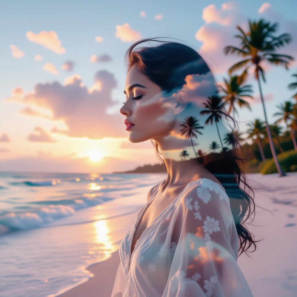 Ethereal Woman Merges with Pastel Beach Landscape