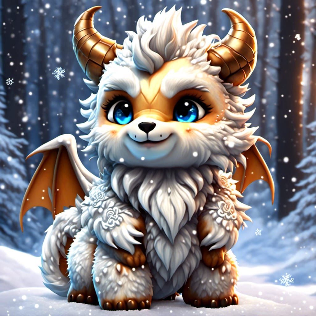 Fluffy Chibi Dragon with Snowflakes in Hyperreal Style