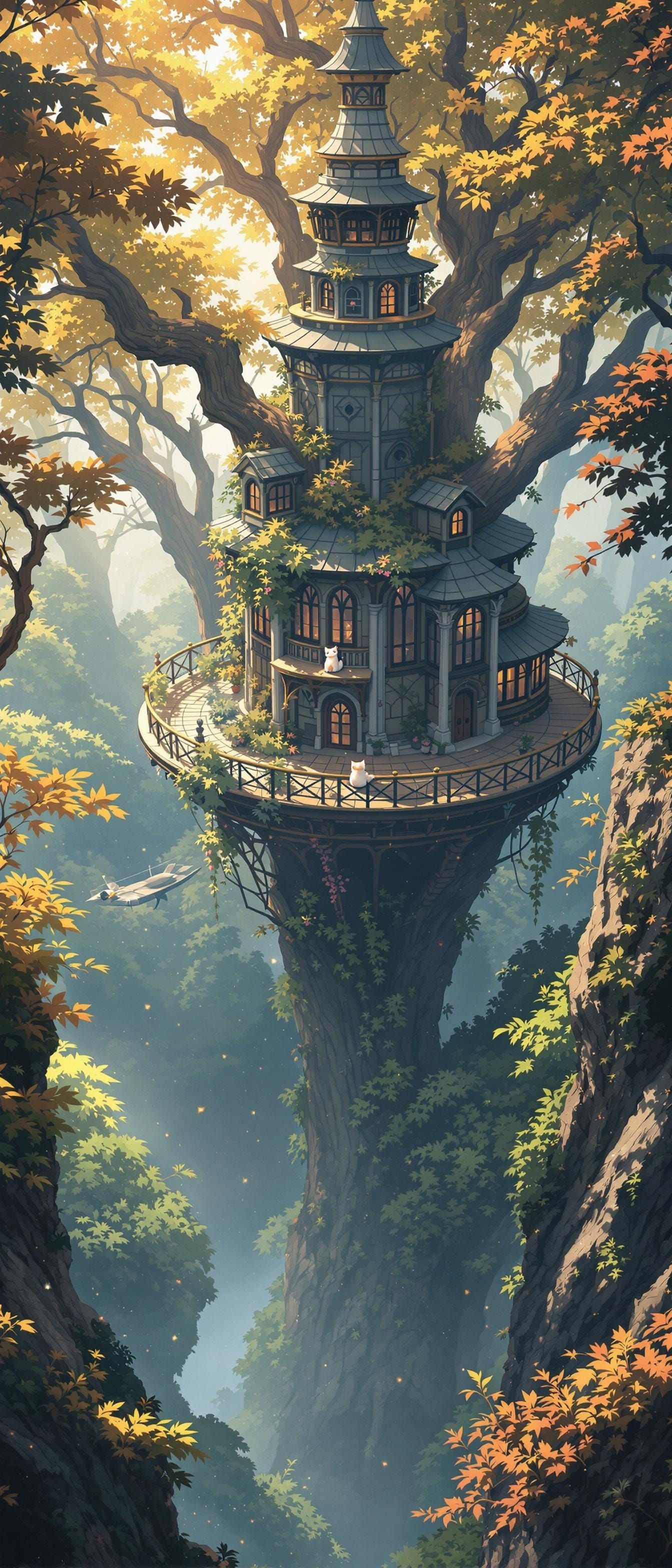 Enchanting Anime Treehouse in Dark Fantasy Forest
