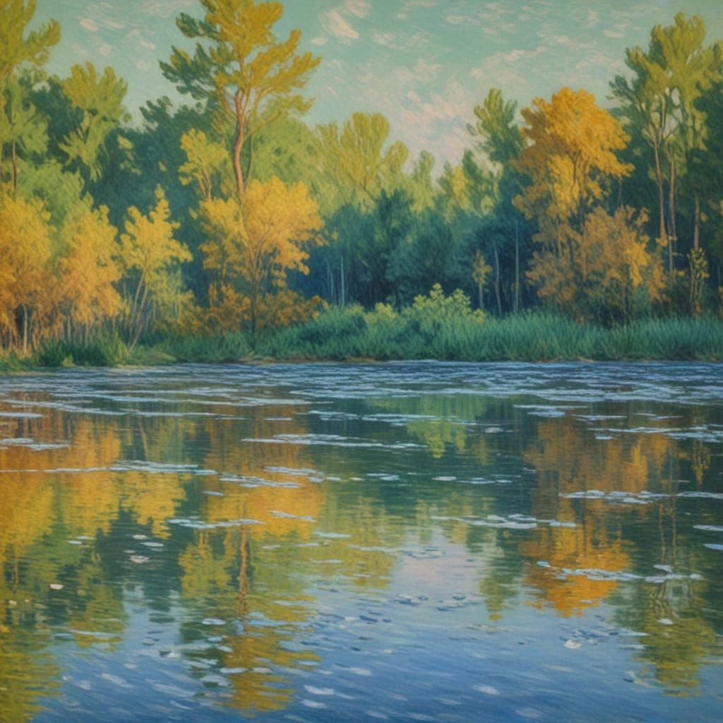 Tranquil Twilight Pond in Impressionist Oil Painting Style