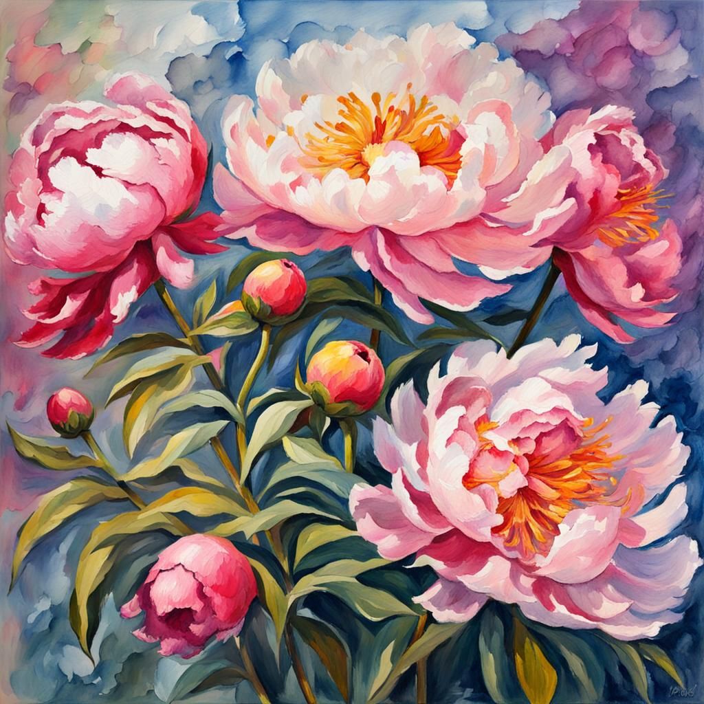 Peony in Gouache Style Impressionist Painting