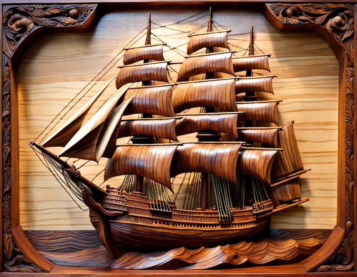 Wooden Clipper Ship Sailing Into Harbor