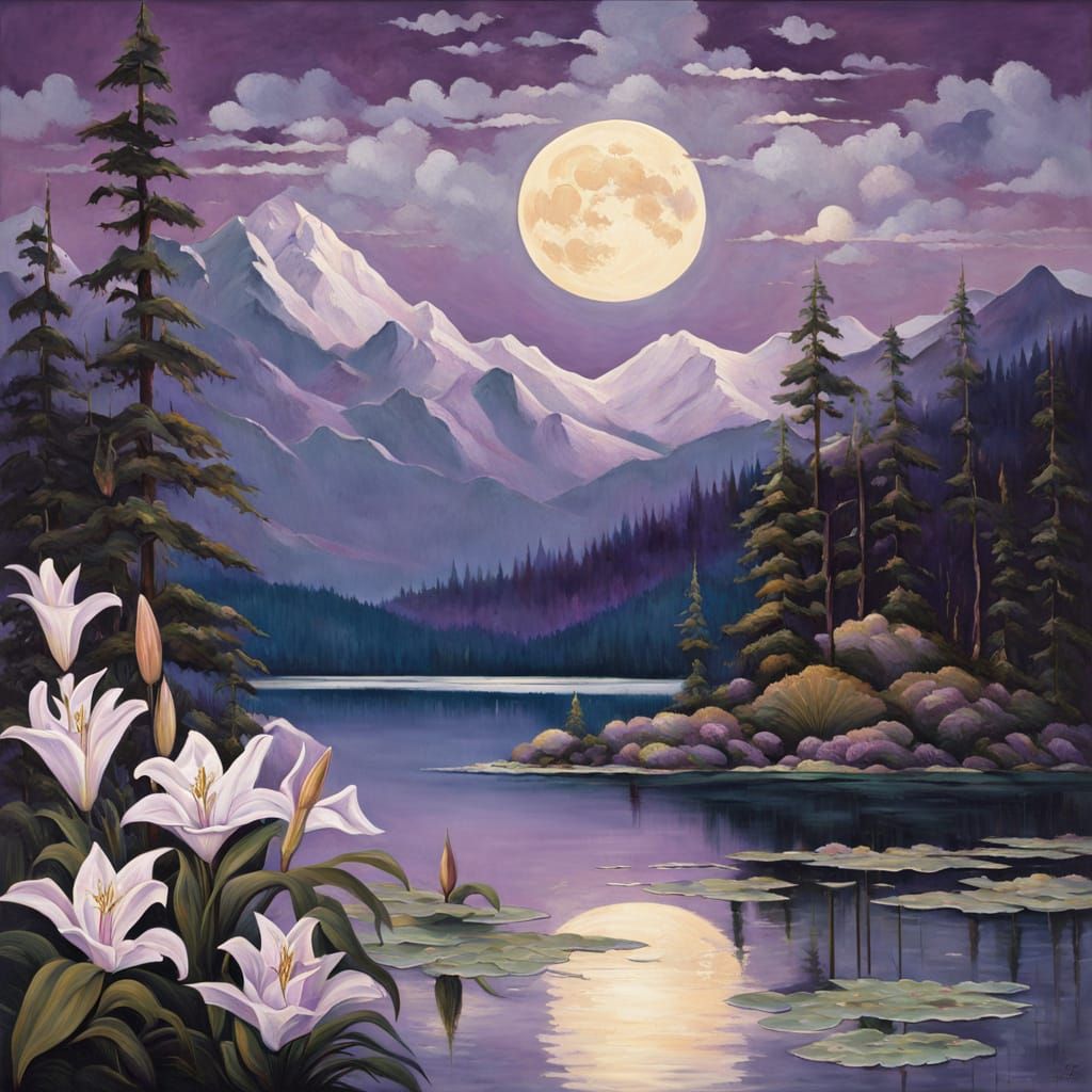 Purple Lilies Reflecting Moon, in Painterly Style