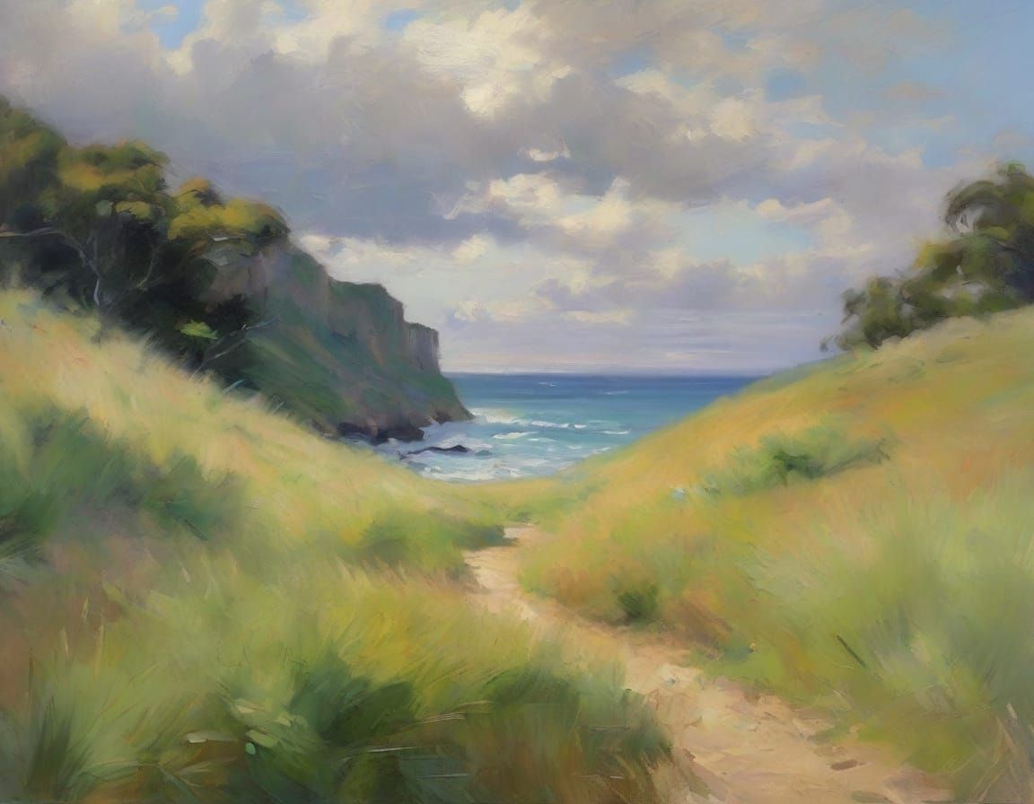 Impressionist Ocean Scene with Cliffside View